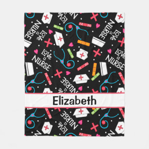 Love a Nurse Art Black Name Personalized Fleece Blanket