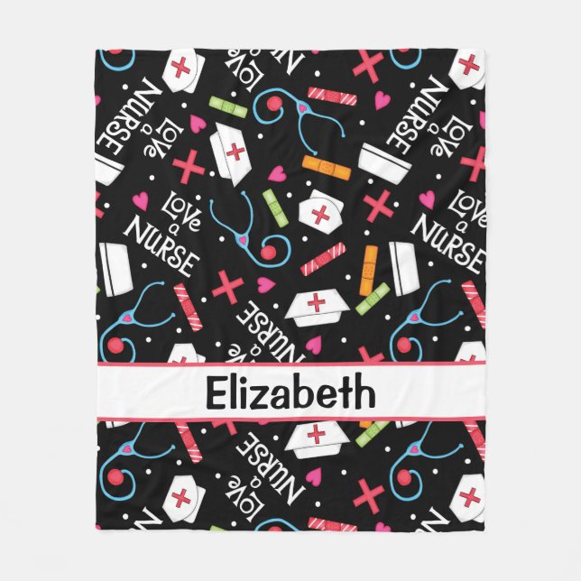 Love a Nurse Art Black Name Personalized Fleece Blanket (Front)