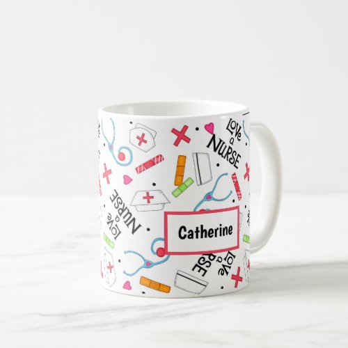 Love A Nurse Art Colorful White Name Personalized Coffee Mug