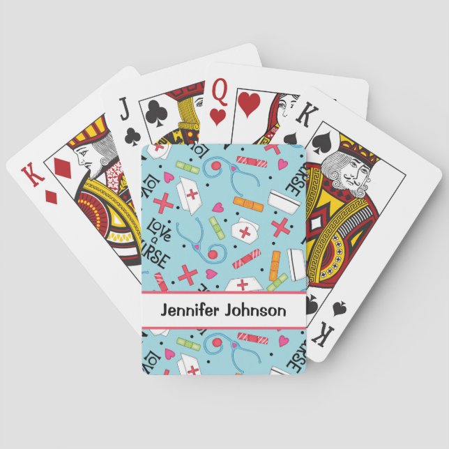 Love a Nurse Art Light Blue Name Personalized Poker Cards (Back)