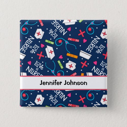 Love a Nurse Art Navy Blue Name Personalized Badge Button