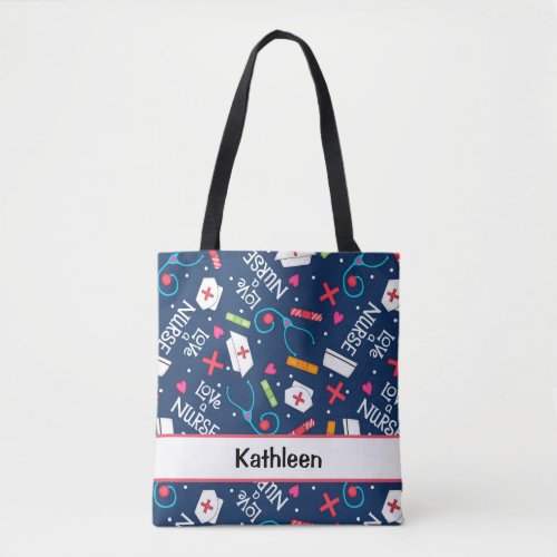 Love a Nurse Art Navy Blue Name Personalized Tote Bag