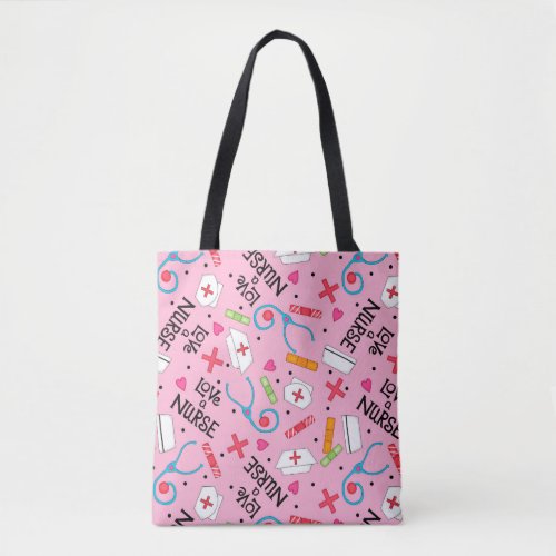 Love a Nurse Art Pink with Nurse Motifs Tote Bag