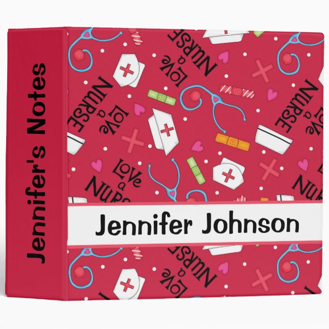 Love a Nurse Art Red Name Personalized 3 Ring Binder (Front/Spine)