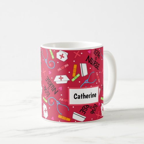 Love A Nurse Art Red Name Personalized Coffee Mug