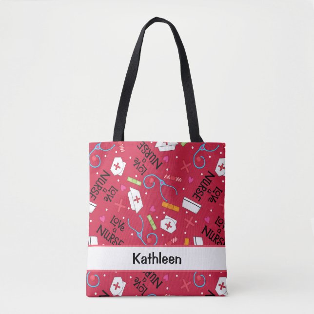 Love a Nurse Art Red Name Personalized Tote Bag (Front)