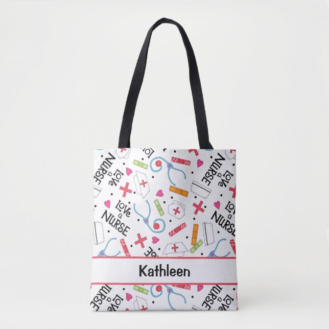 Love a Nurse Art White Name Personalized Tote Bag (Front)