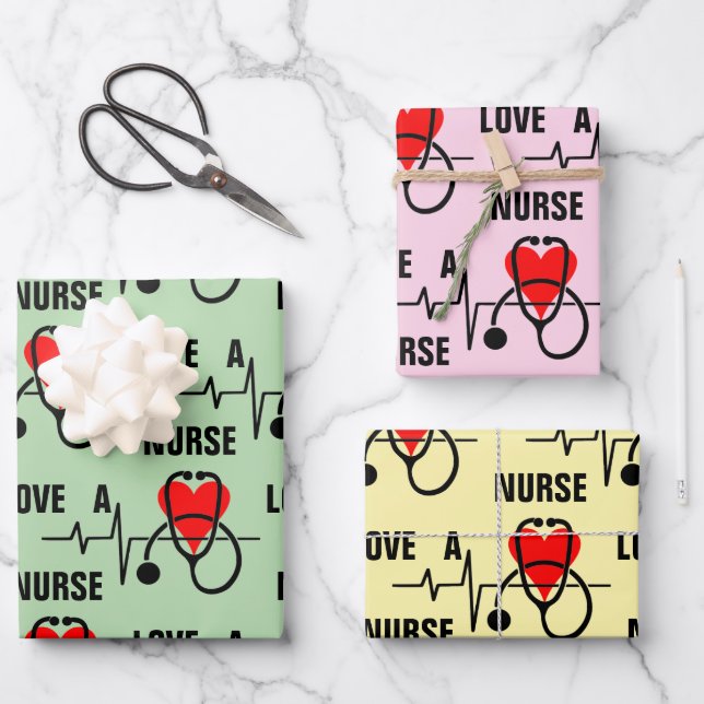 Love a Nurse Heart Stethoscope Design Wrapping Paper Sheets (Front)