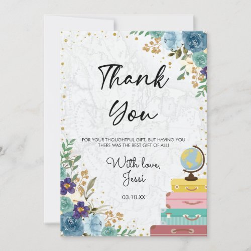 Love Adventure Suitcase Blue Floral Bridal Shower Thank You Card