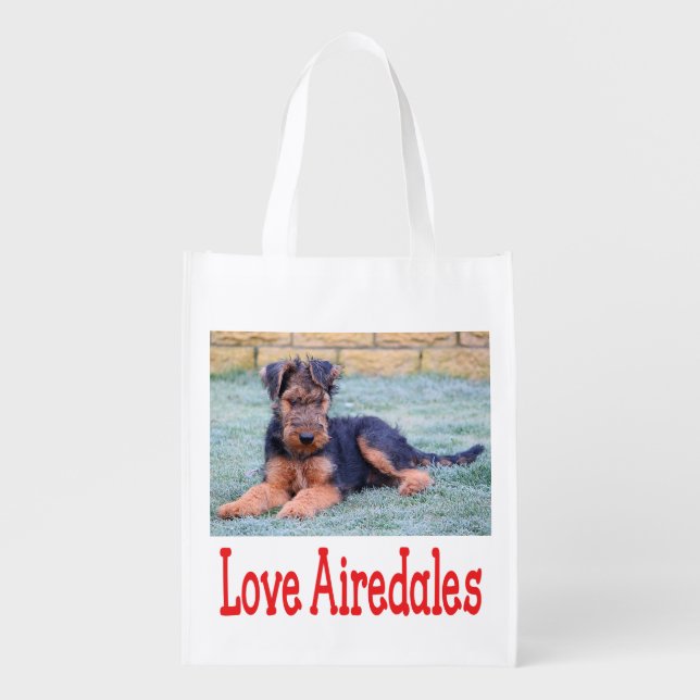 Love Airedale Terrrier Puppy Dog Grocery Tote Bag (Front)