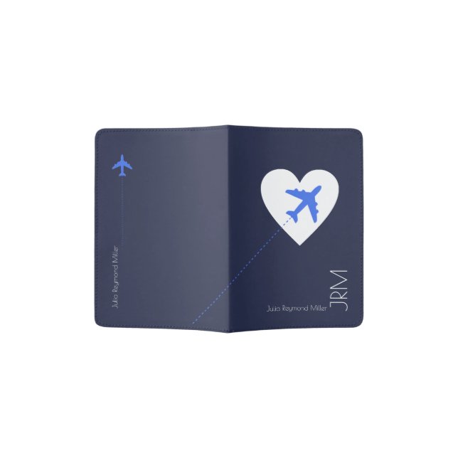 love airplane travel, blue passport holder (Opened)
