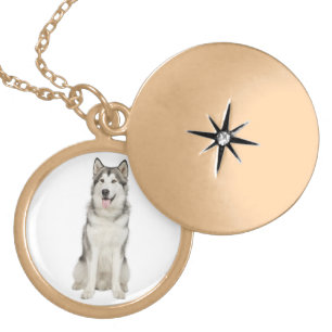 Love Alaskan Malamute Puppy Gray & Black Sled Dog Gold Plated Necklace