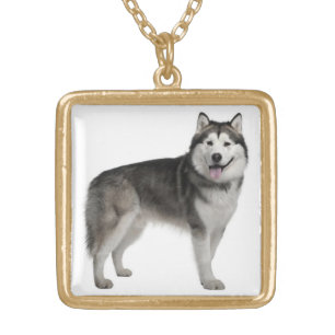 Love Alaskan Malamute Puppy Gray & Black Sled Dog Gold Plated Necklace