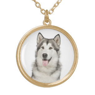 Love Alaskan Malamute Puppy Gray & Black Sled Dog Gold Plated Necklace