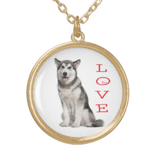 Love Alaskan Malamute Puppy Gray & Black Sled Dog Gold Plated Necklace