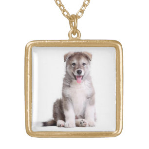 Love Alaskan Malamute Puppy  Gray & Black Sled Dog Gold Plated Necklace