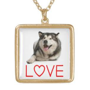 Love Alaskan Malamute Puppy Gray & Black Sled Dog Gold Plated Necklace