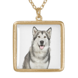 Love Alaskan Malamute Puppy Gray & Black Sled Dog Gold Plated Necklace