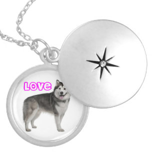 Love Alaskan Malamute Puppy Gray & Black Sled Dog Locket Necklace