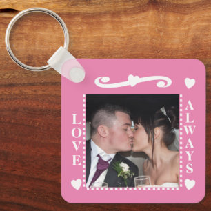 Love always 2 photos add initials white pink keychain