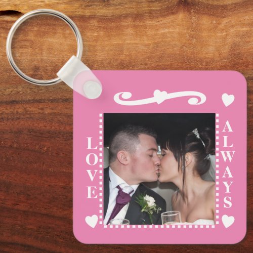 Love always 2 photos add initials white pink keychain