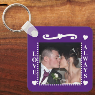 Love always 2 photos add initials white purple keychain