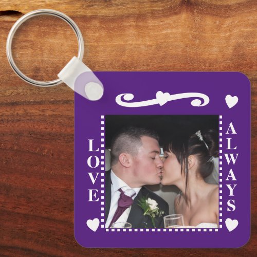 Love always 2 photos add initials white purple keychain