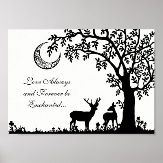 Love Always Enchanted Moon Tree and Deer Couple Poster