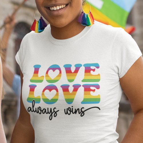 Love always wins retro fonts lgbtqia rainbow flag T_Shirt