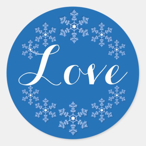 Love Among the Snowflakes Blue and White Classic Round Sticker