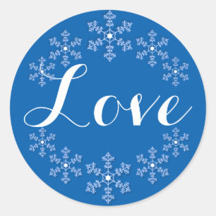 Love Among the Snowflakes Blue and White Classic Round Sticker