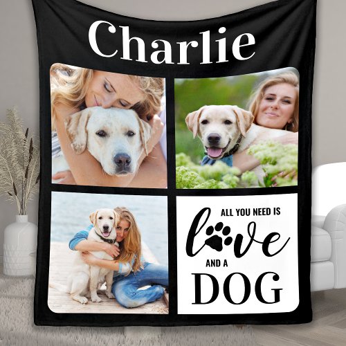 Love And A Dog Personalized 3 Pet Photo Collage  Fleece Blanket