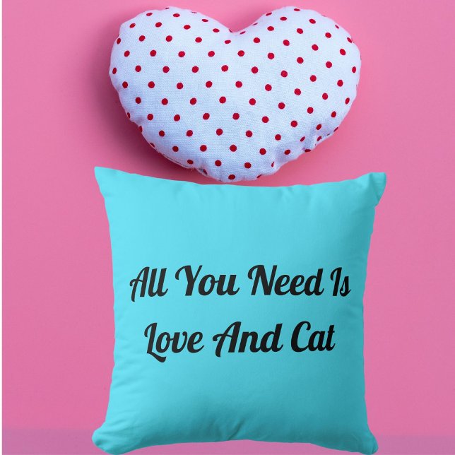Love And Cat Personalized Cute Funny Quote Blue Throw Pillow (Creator Uploaded)