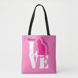 LOVE and cat silhouette, your name, pink and white