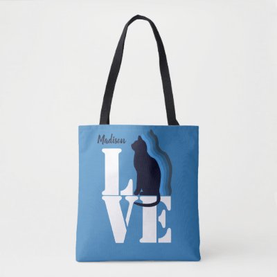 LOVE and cat silhouette, your name, white letters Tote Bag
