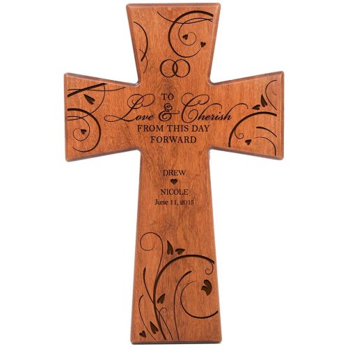 Love and Cherish Wedding Vow Cherry Wood Cross