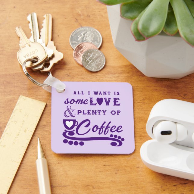 Love and coffee add initials purple keychain (Desk)