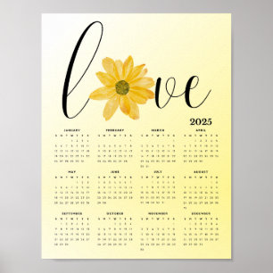 Love and Flowers Yellow 2025 Wall Calendar Poster