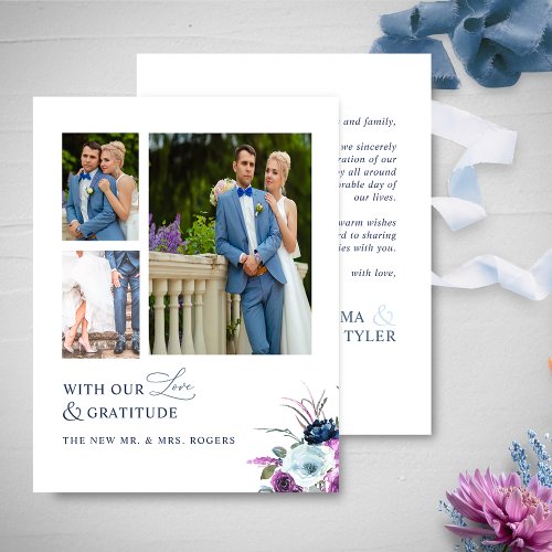 Love and Gratitude Photo Purple and Blue Wedding Thank You Card