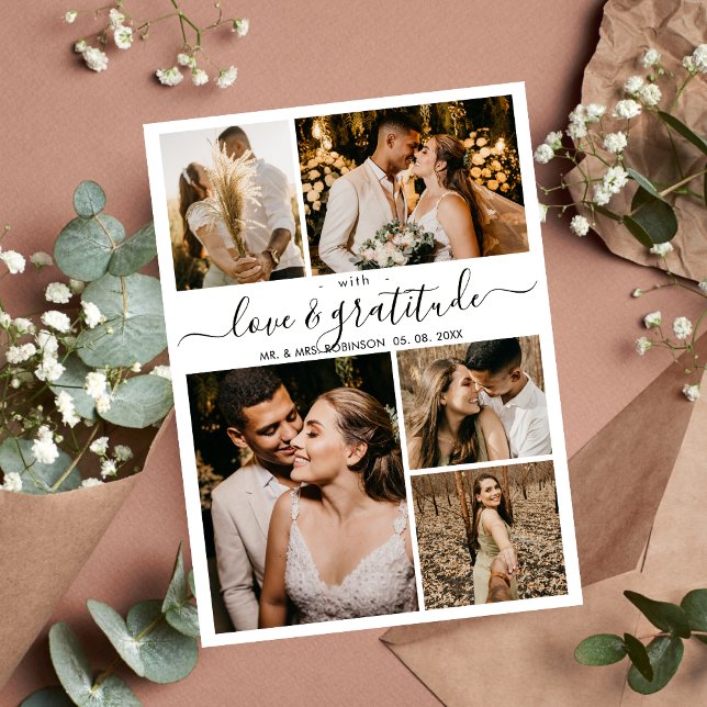 Love and Gratitude Script 5 Photo Collage Wedding  Thank You Card (Creator Uploaded)