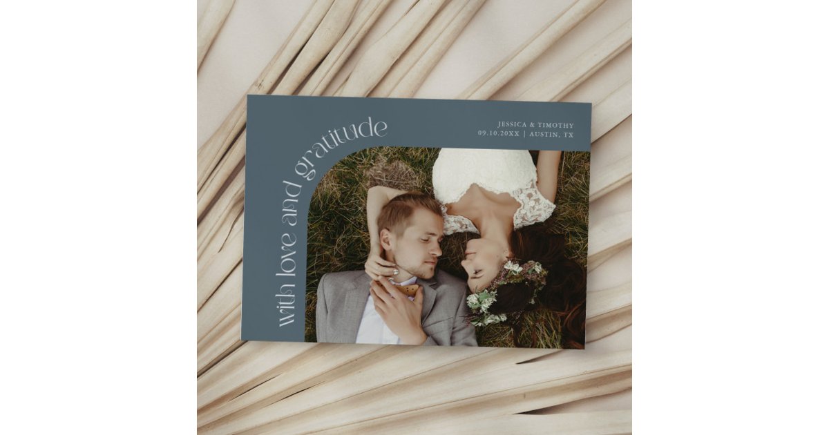 Love and Gratitude Slate Blue Wedding Photo Thank You Card | Zazzle