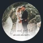 Love and Gratitude Wedding Favor Stickers<br><div class="desc">Extend your heartfelt appreciation and celebrate your love with our "Love and Gratitude" Photo Wedding Sticker. These versatile stickers are the perfect addition to your wedding favors, thank you cards, or envelopes. With a space for your favorite photo, they allow you to share your cherished moments with a touch of...</div>
