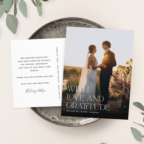 Love and Gratitude  Wedding Photo Thank You Postcard