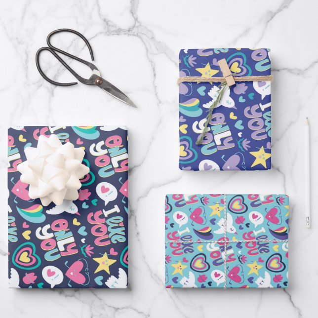 Love and Heart Blue Doodle Pattern Valentine's Day Wrapping Paper Sheets (Front)