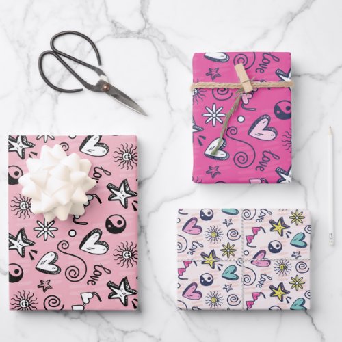 Love and Heart Doodle Pink Pattern Valentines Day Wrapping Paper Sheets