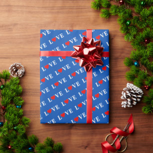 LOVE and Heart Navy Blue Elegant Wrapping Paper