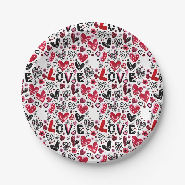 Love and hearts doodle art valentine paper plates (Front)