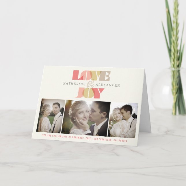 Love And Joy Clear Geo Typography 4 Photo Wedding Holiday Card (Front)