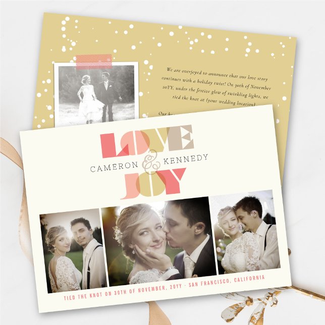 Love And Joy Clear Geo Typography 4 Photo Wedding Holiday Card (Creator Uploaded)
