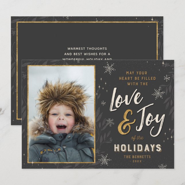 Love and Joy Faux Foil Photo | Greeting on Back Holiday Card (Front/Back)
